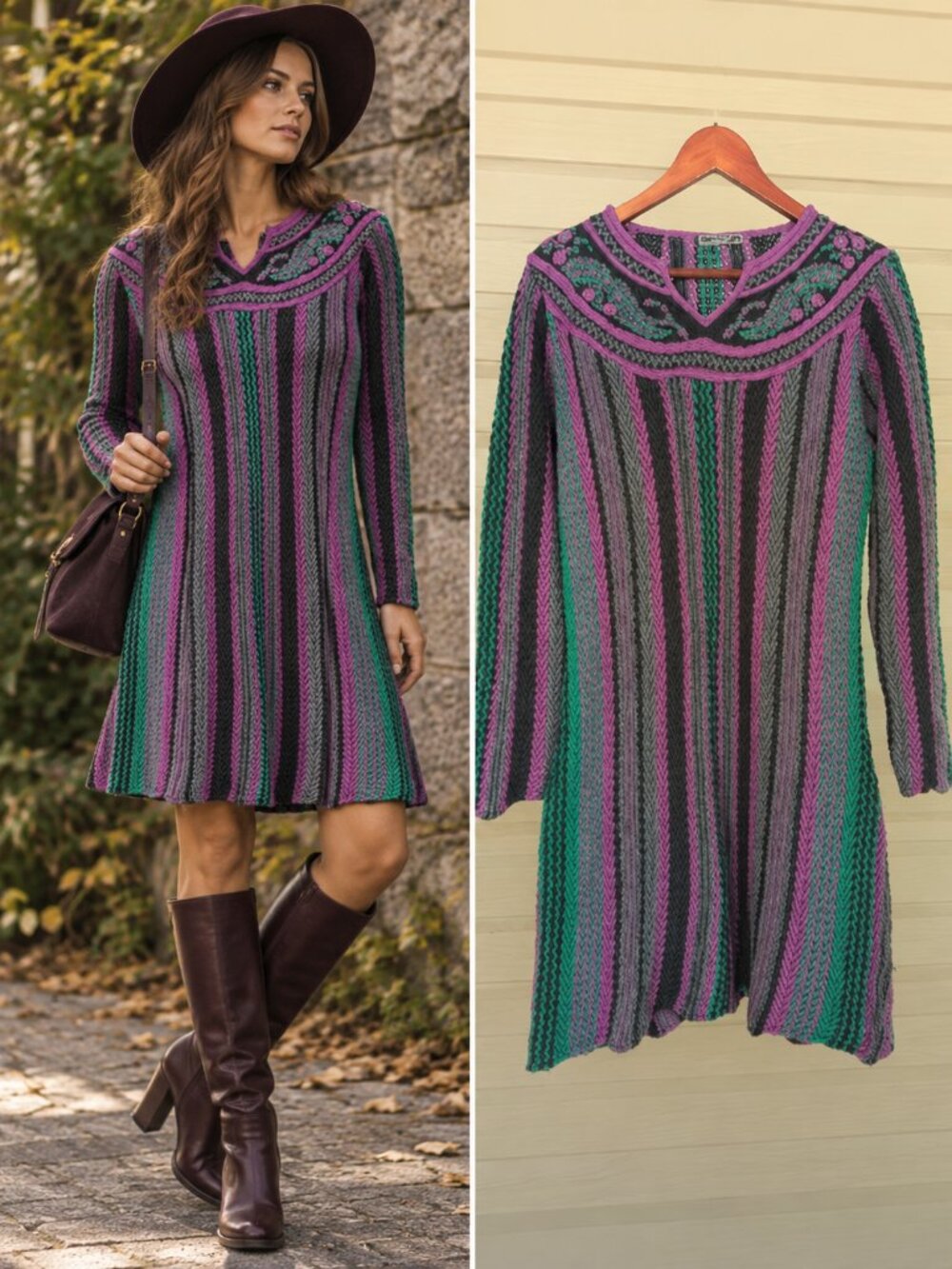Rage Purple Green Striped Knit Embroidered Neck Boho Dress M